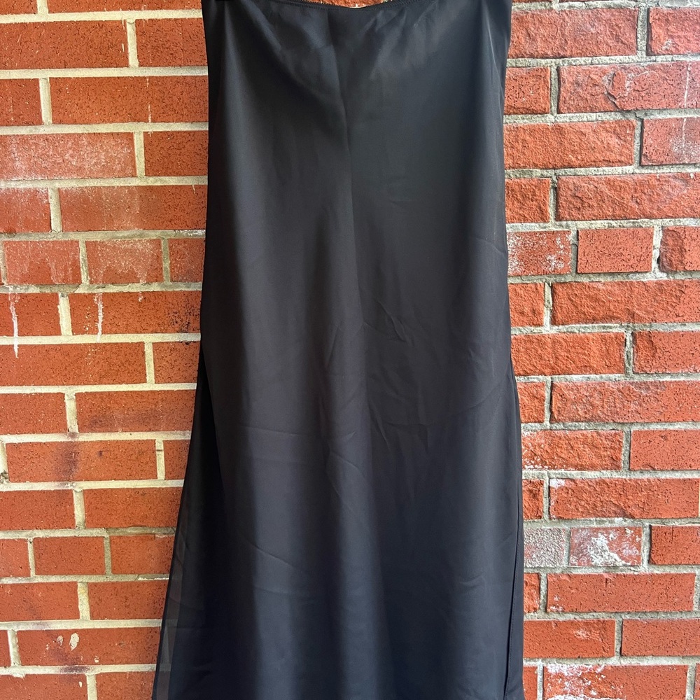 90's Vintage Black Midi Skirt with Slit Elastic Waist